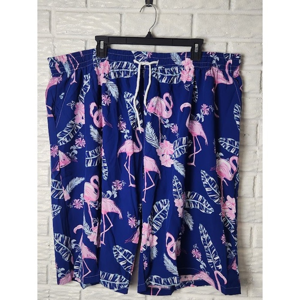 Mens 5XL Board shorts Flamingo Print Blue Elastic Waist Shorts Casual Vacation